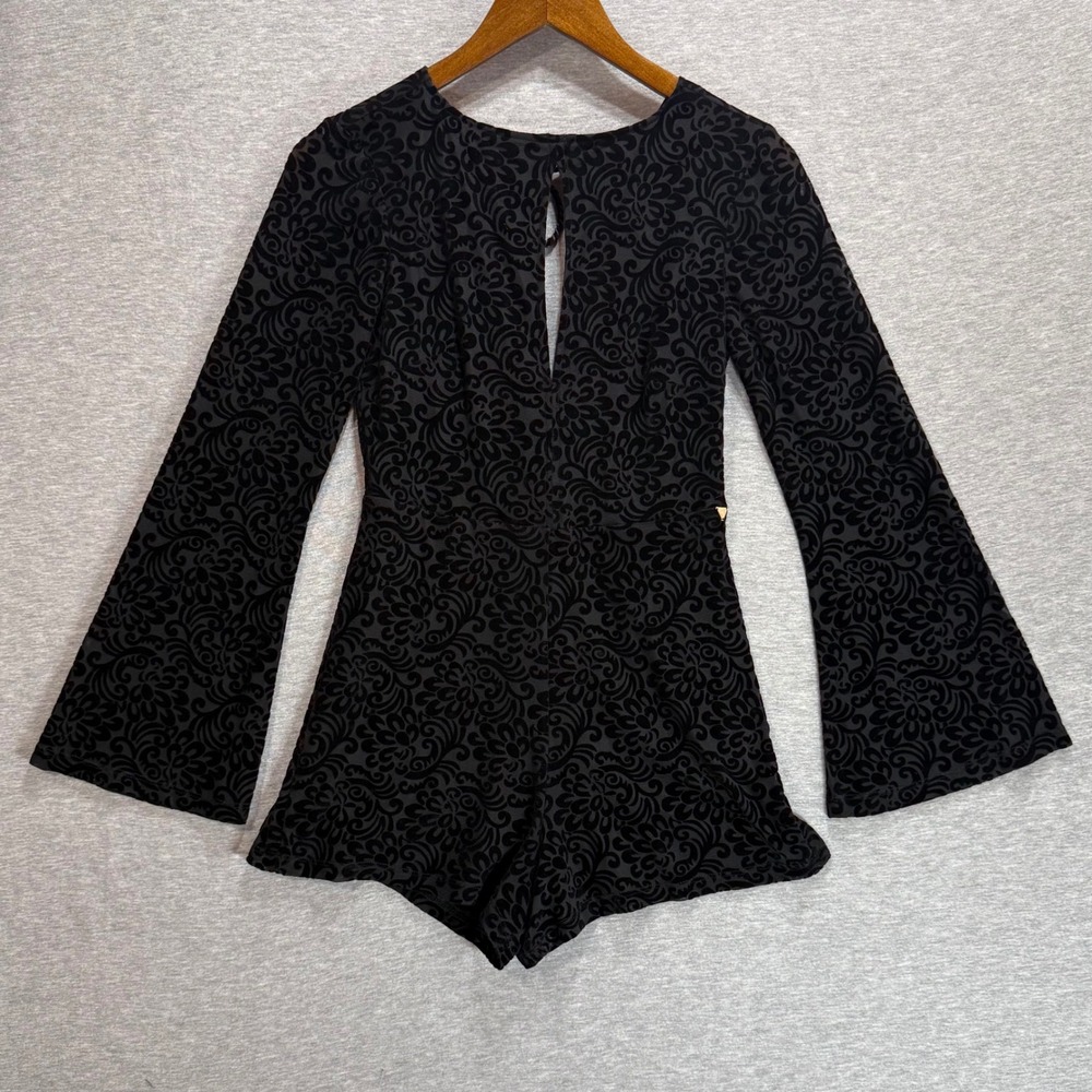 Guess Romper Womens XS Black Burnout Velvet Bell Sleeve Whimsigoth Romantic